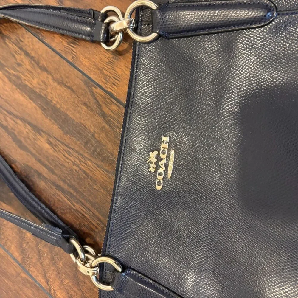Coach Navy Blue Pebbled Leather Tote Bag Gold Hardware Large Work Bag